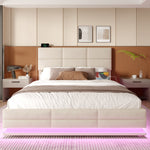 Upholstered Bed, 140x200cm Modern with Adjustable Headboard, USB/Type-C, LED, Hydraulic Lift, XXL Storage - Beige