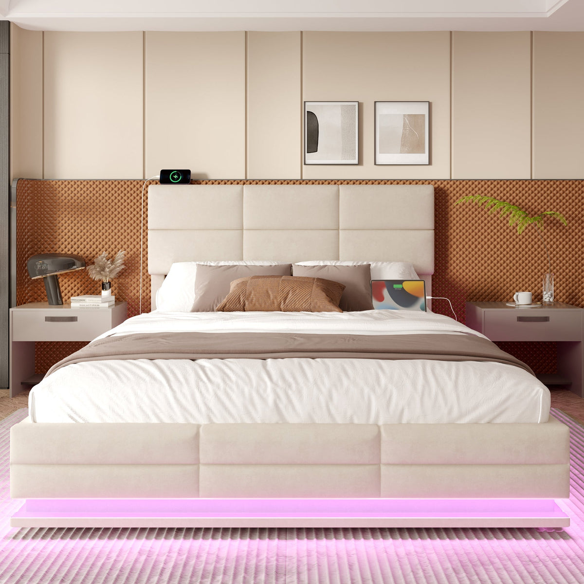 Upholstered Bed, 140x200cm Modern with Adjustable Headboard, USB/Type-C, LED, Hydraulic Lift, XXL Storage - Beige