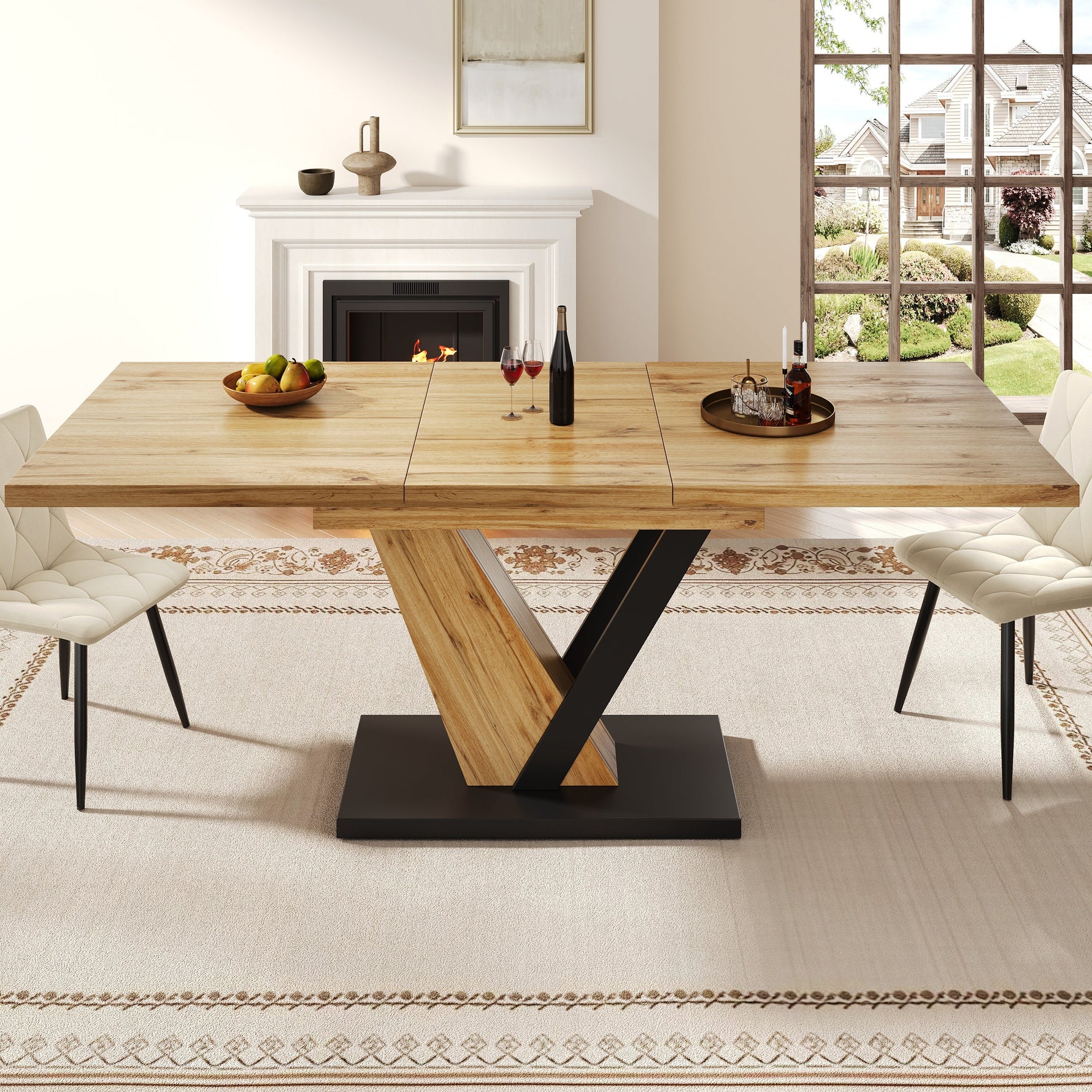 Extendable Dining Table with Internal Leaves and Seats 4-6, Wood Grain Finish