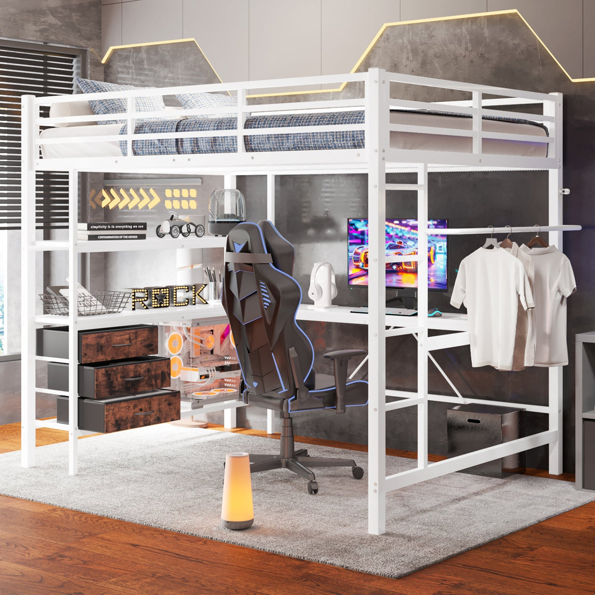 Loft Bed 140x200cm LED Desk USB/Power 3 Drawers Stairs - White