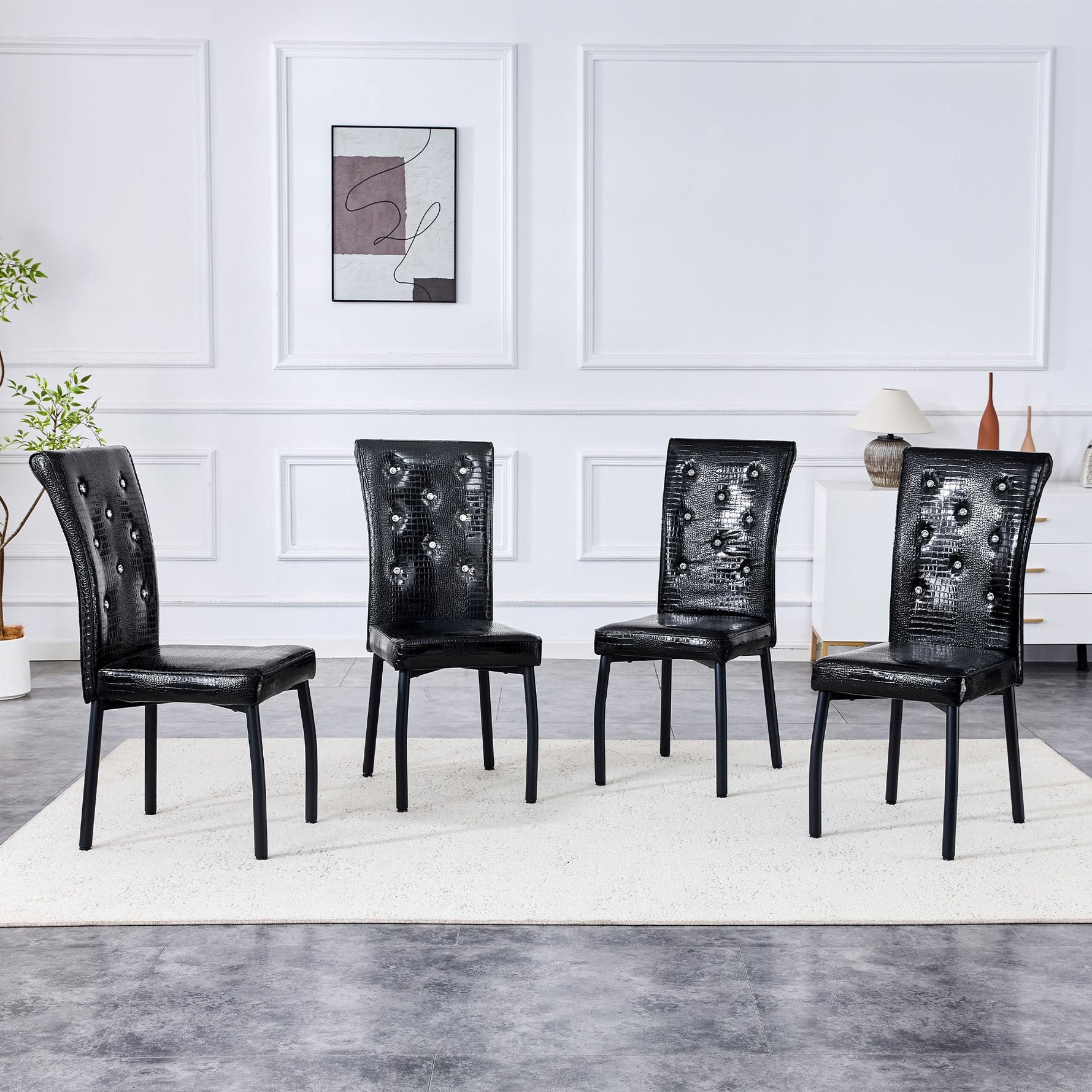 2 Dining Chairs Vintage Crocodile Faux Leather Crystal Clasp - Black