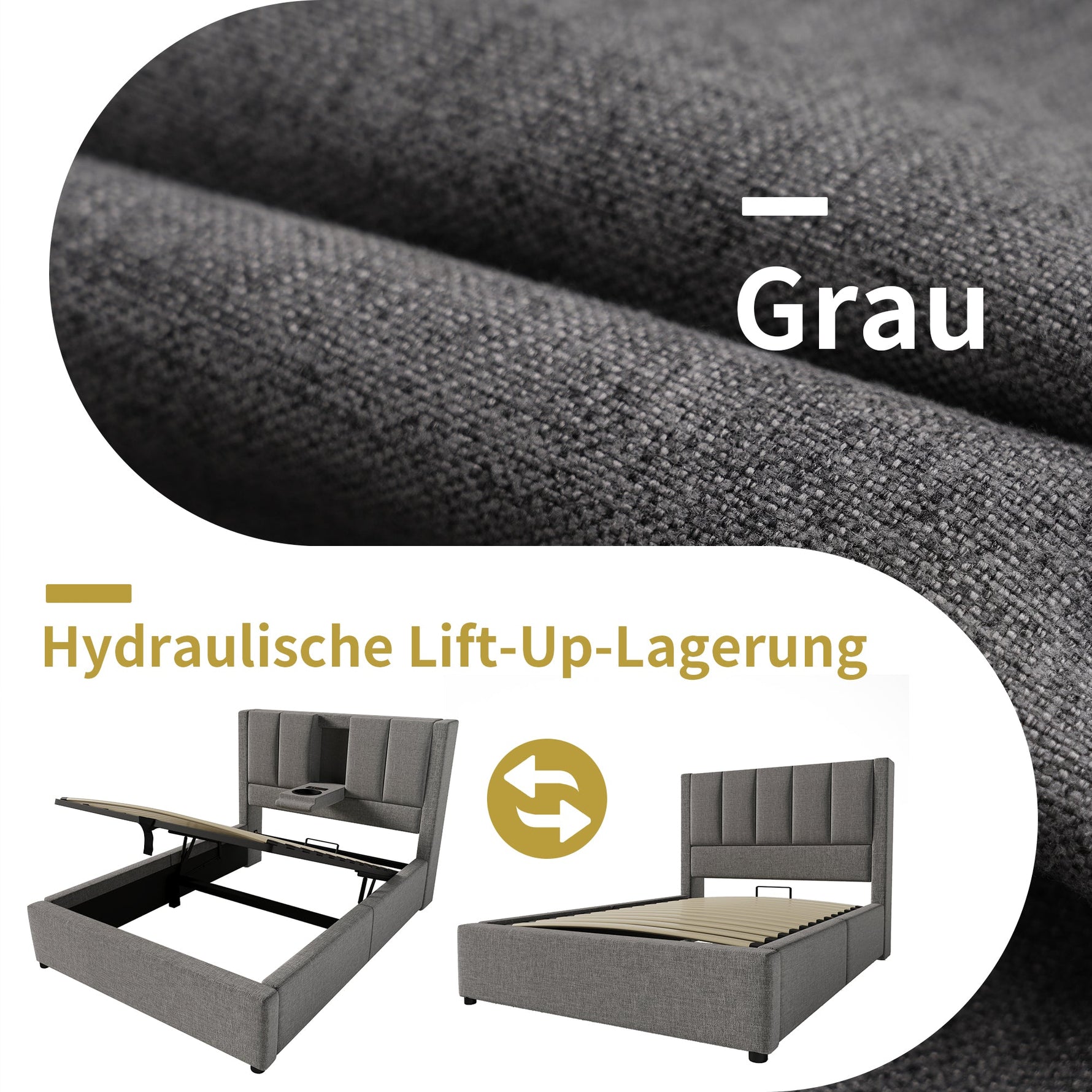 Upholstered Single Bed 90x200cm Hydraulic Storage Cup Holder Charging Station Linen Grey