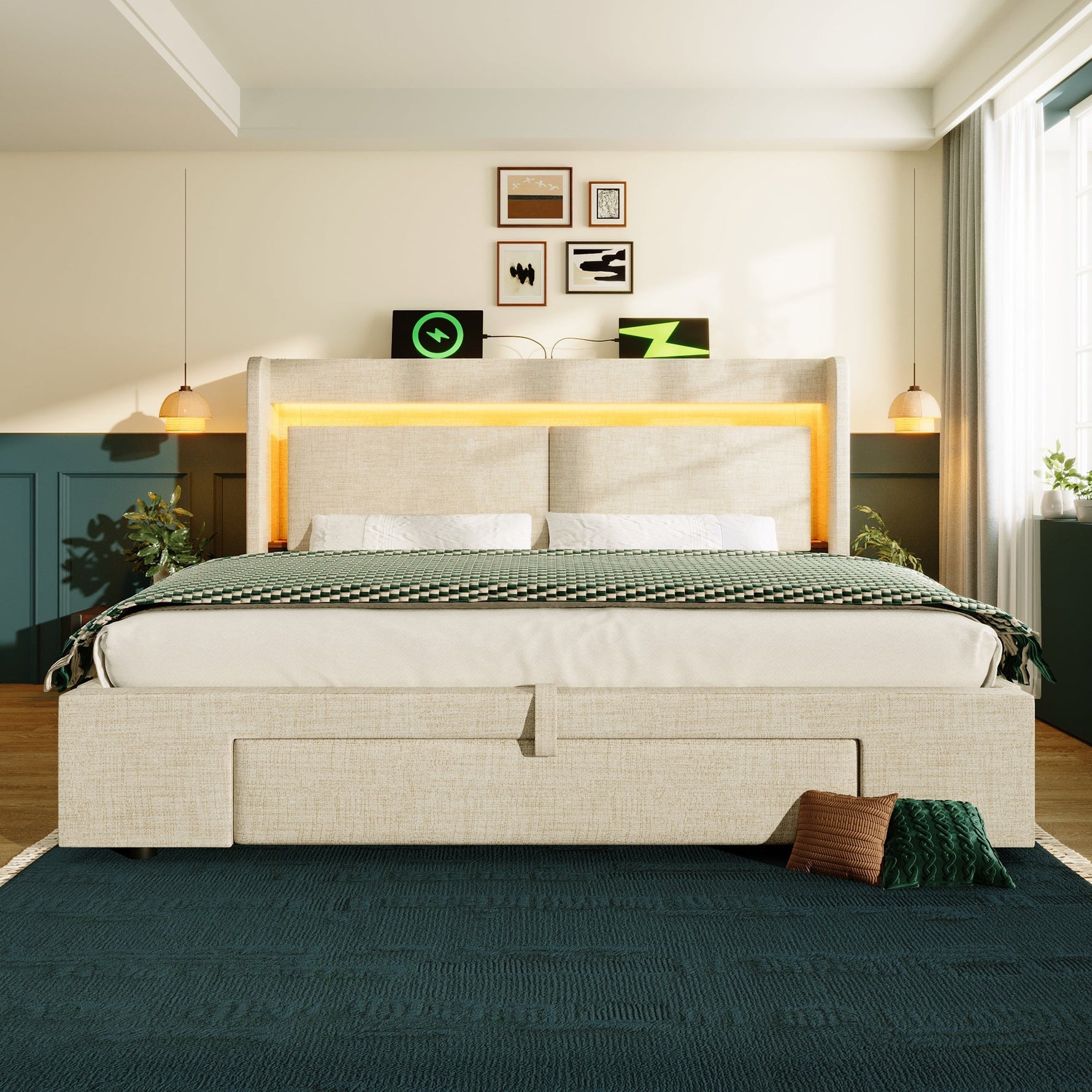 Upholstered Bed 180x200cm Hydraulic Storage LED USB/USB-C Headboard with Compartment Beige Linen