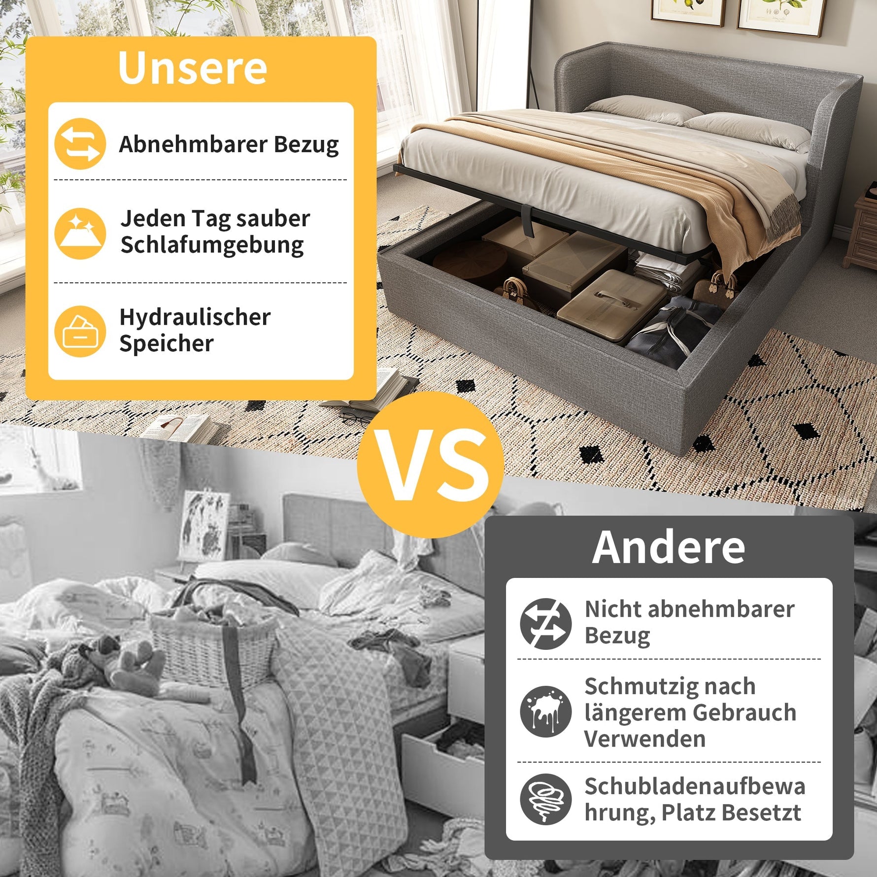 Upholstered Double Bed with Hydraulic Storage and Slatted Base, 180x200cm, Grey Linen