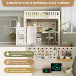 Children's Loft Bed with Desk, Wardrobe, Ladder Cabinet and USB Ports, 90x200cm, White Wood