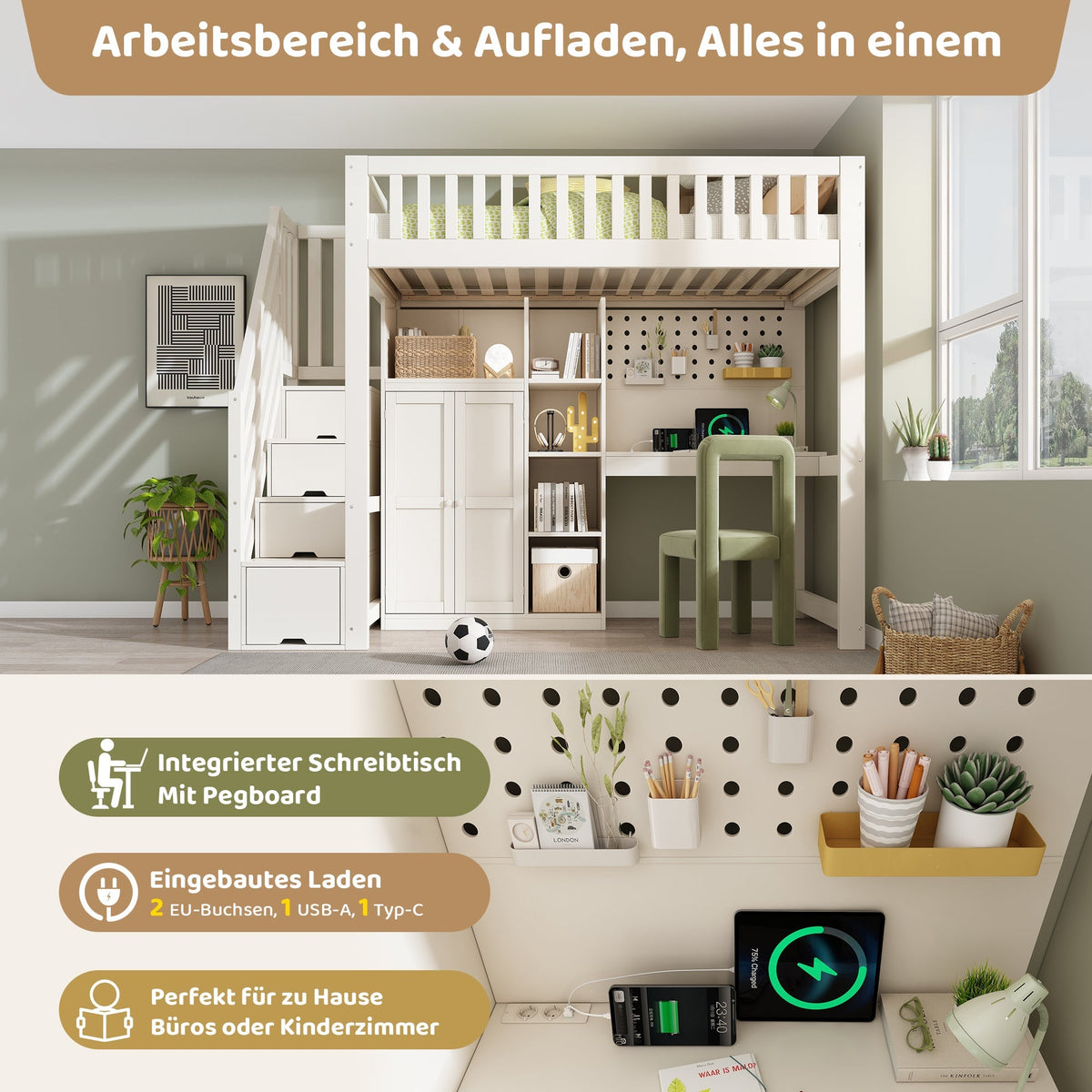Children's Loft Bed with Desk, Wardrobe, Ladder Cabinet and USB Ports, 90x200cm, White Wood