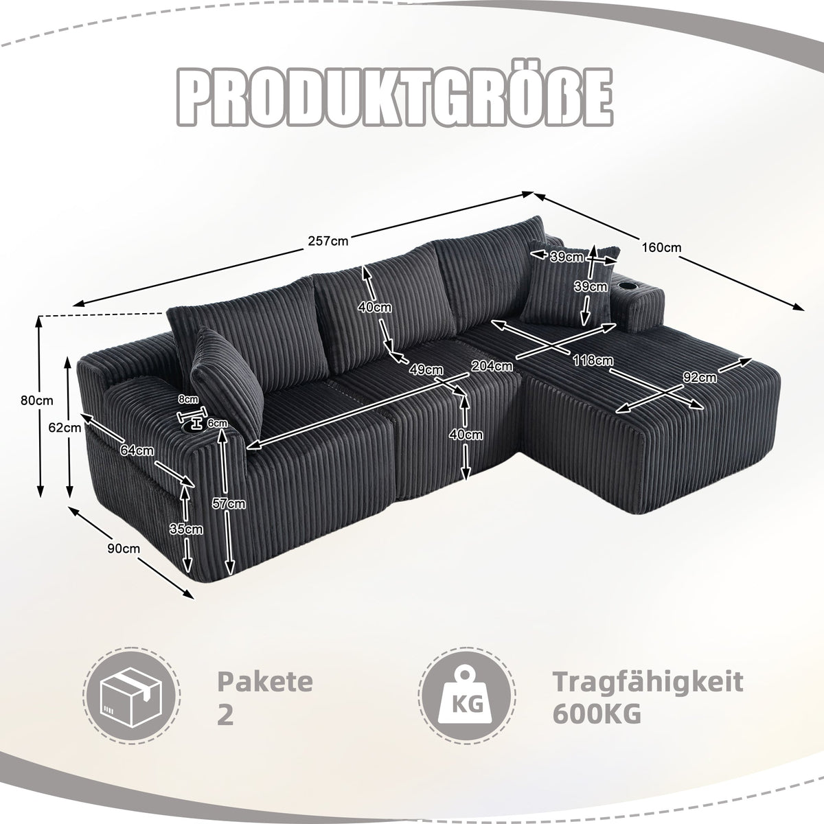 Modular Sofa Set Chaise 2-Seater Side Pockets Corduroy