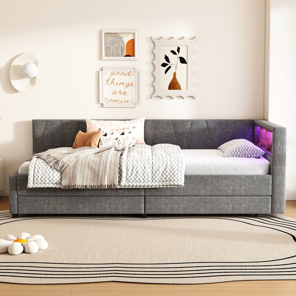 Daybed Sofa Bed 90x200cm Storage Compartment USB/Type C Two Drawers Linen Grey