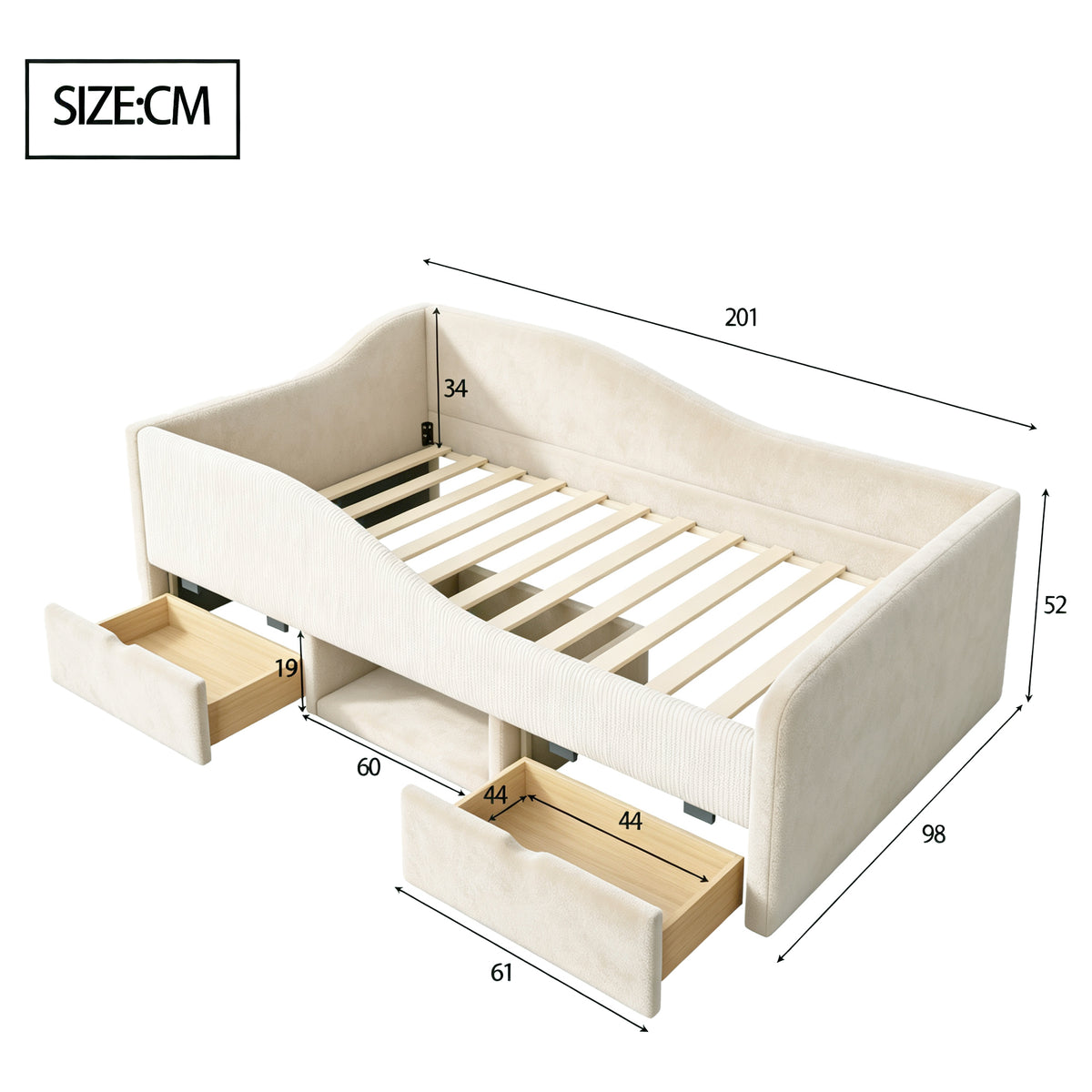 Upholstered Children's Bed 90x190 with 2 Drawers, Beige Velvet