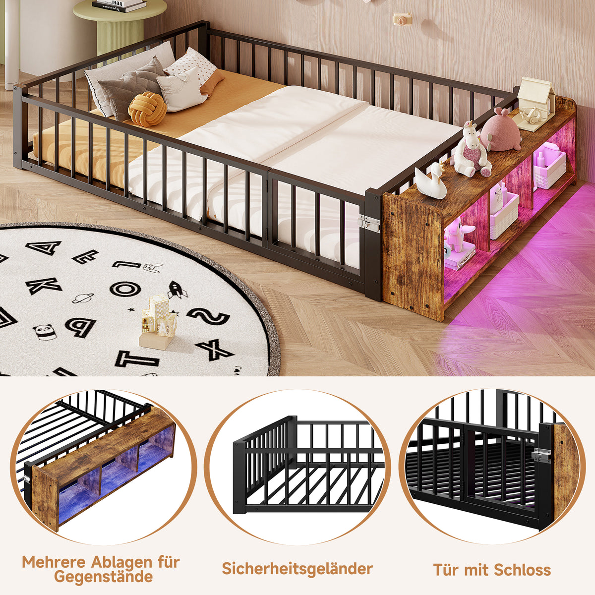 Metal Flatbed 140x200 cm with Lockers & LED Lights, Black