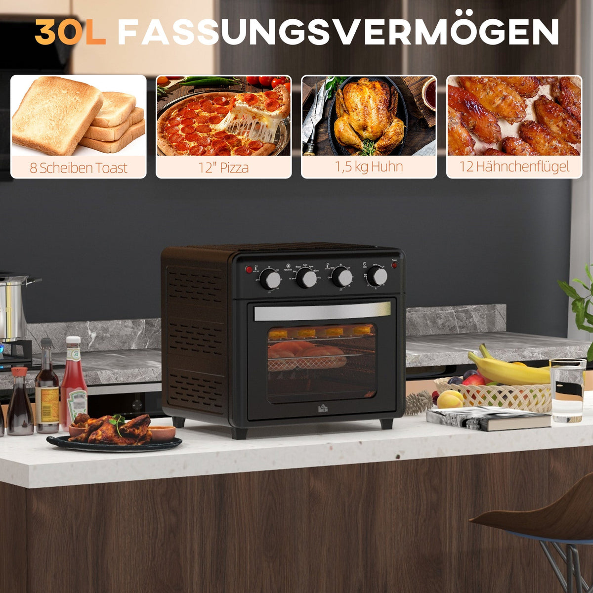 Mini Oven 30L Convection Hot Air Fryer 7 Modes, Baking/Grill Rack