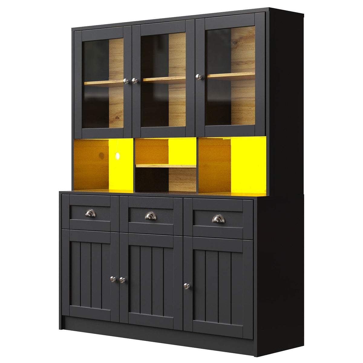 Tall Kitchen Cabinet 140x40x175cm Display Buffet Adjustable Shelves LED - White/Black
