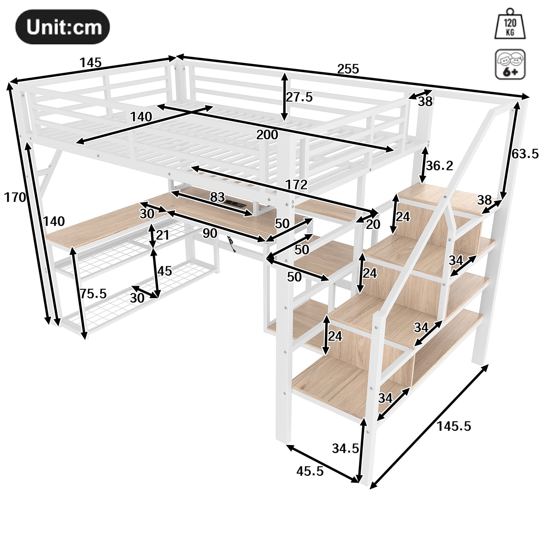 Loft Bed with Desk, LED Lighting and Storage Staircase, 140 x 200 cm, White