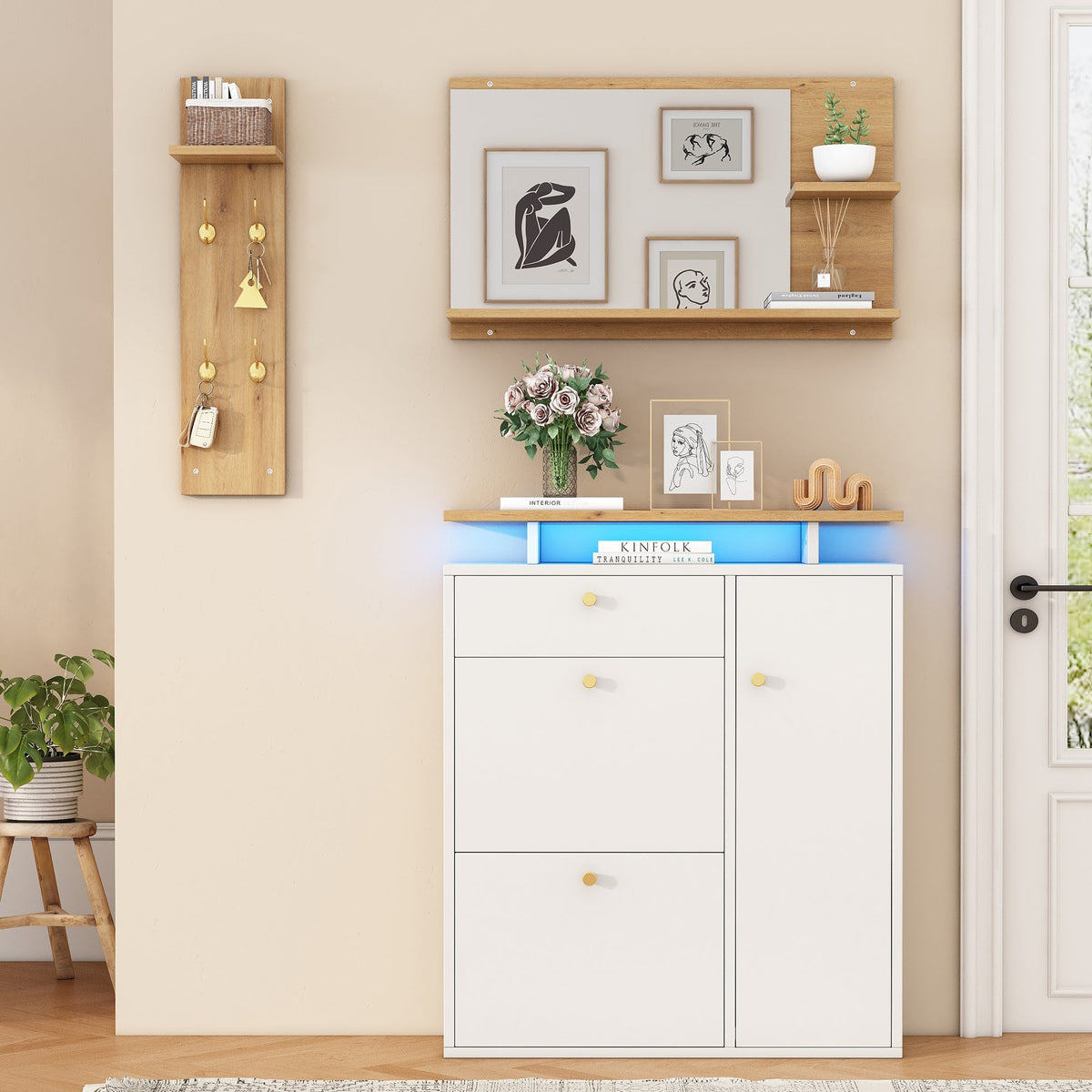 Hallway Wardrobe Set with LED Mirror, Hat Shelf and Shoe Cabinet, Natural and White