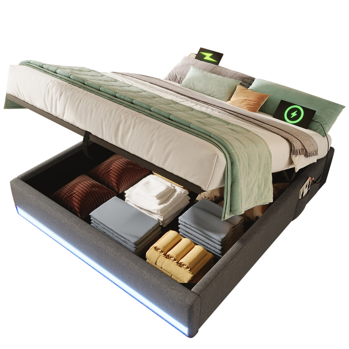 Upholstered Bed 140x200cm Hydraulic Storage LED USB/Type-C Pockets No Headboard - Grey