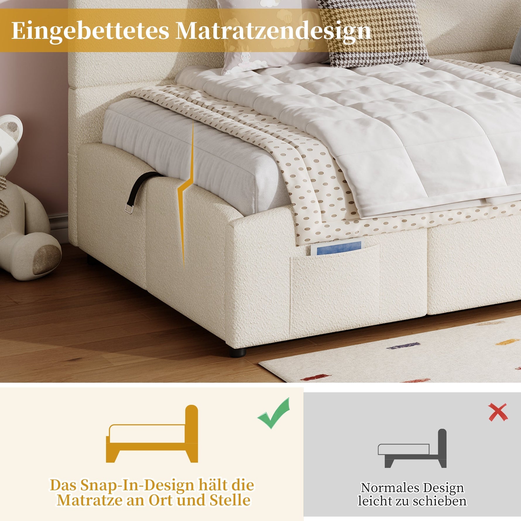 Upholstered Single Bed with USB Charger and Storage Bag, 90x200 cm, Beige Bouclé