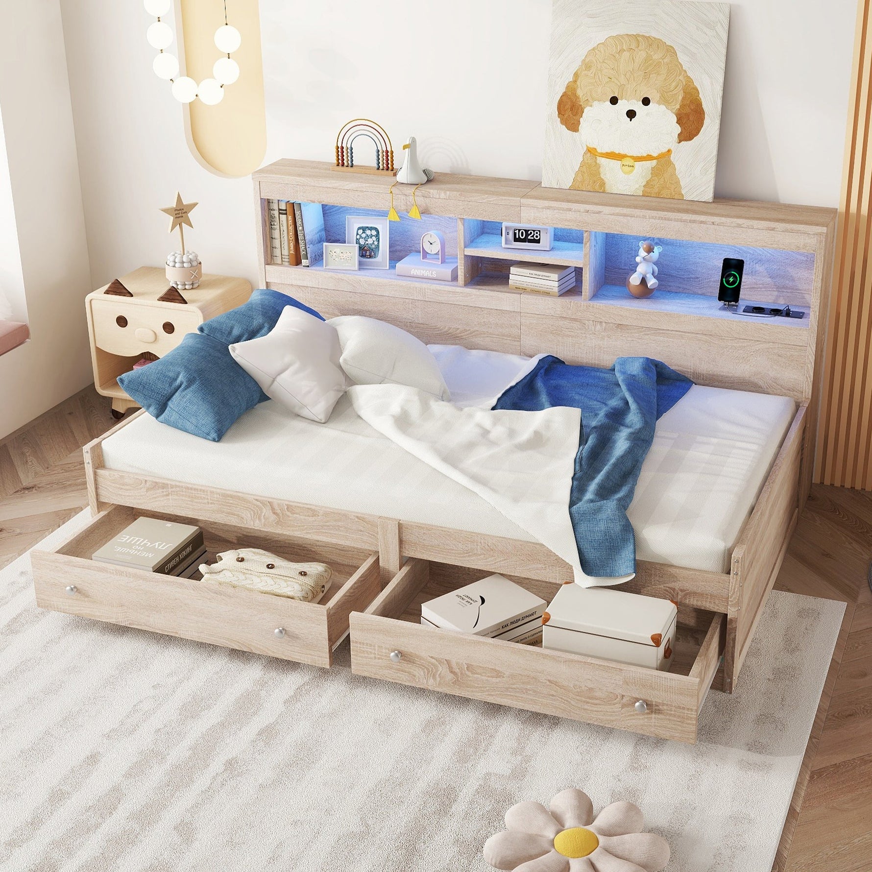 Daybed Sofa Bed 90x200cm Nightstand USB Charging Ambient Lighting 2 Drawers Chipboard Natural
