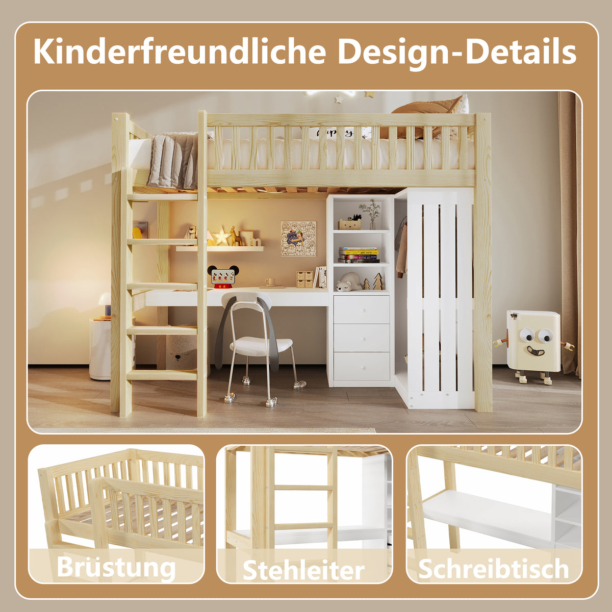 Loft Bed 90x200cm with Desk, Wardrobe & Drawers, Natural