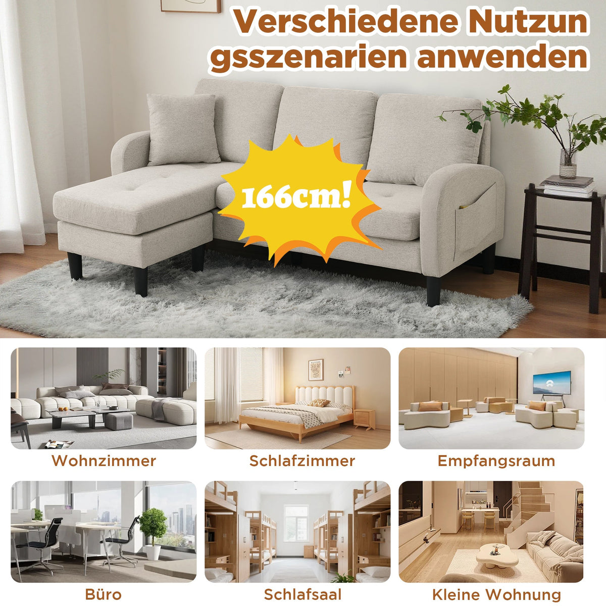 L-shaped Corner Sofa 3-Seater Chaise Modular - Cotton-Linen