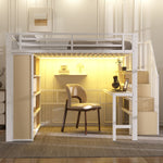 Loft Bed with Desk, Storage Staircase and LED Light Strip, 140x200cm, White Iron Frame