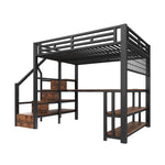 Loft Bed 140x200cm with Desk & Storage Staircase, Black Metal