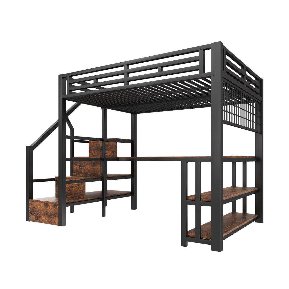 Loft Bed 140x200cm with Desk & Storage Staircase, Black Metal