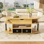 Modern Wood Grain Coffee Table with Lifting Function, Storage, and Black Fabric Drawers