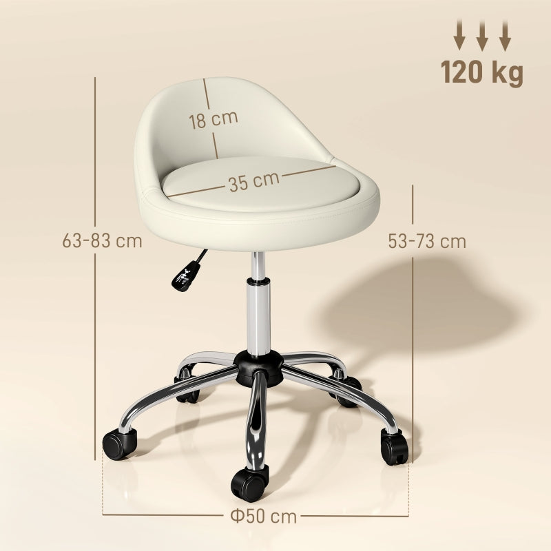 Rolling Stool, Adjustable Height, Swivel, Faux Leather White