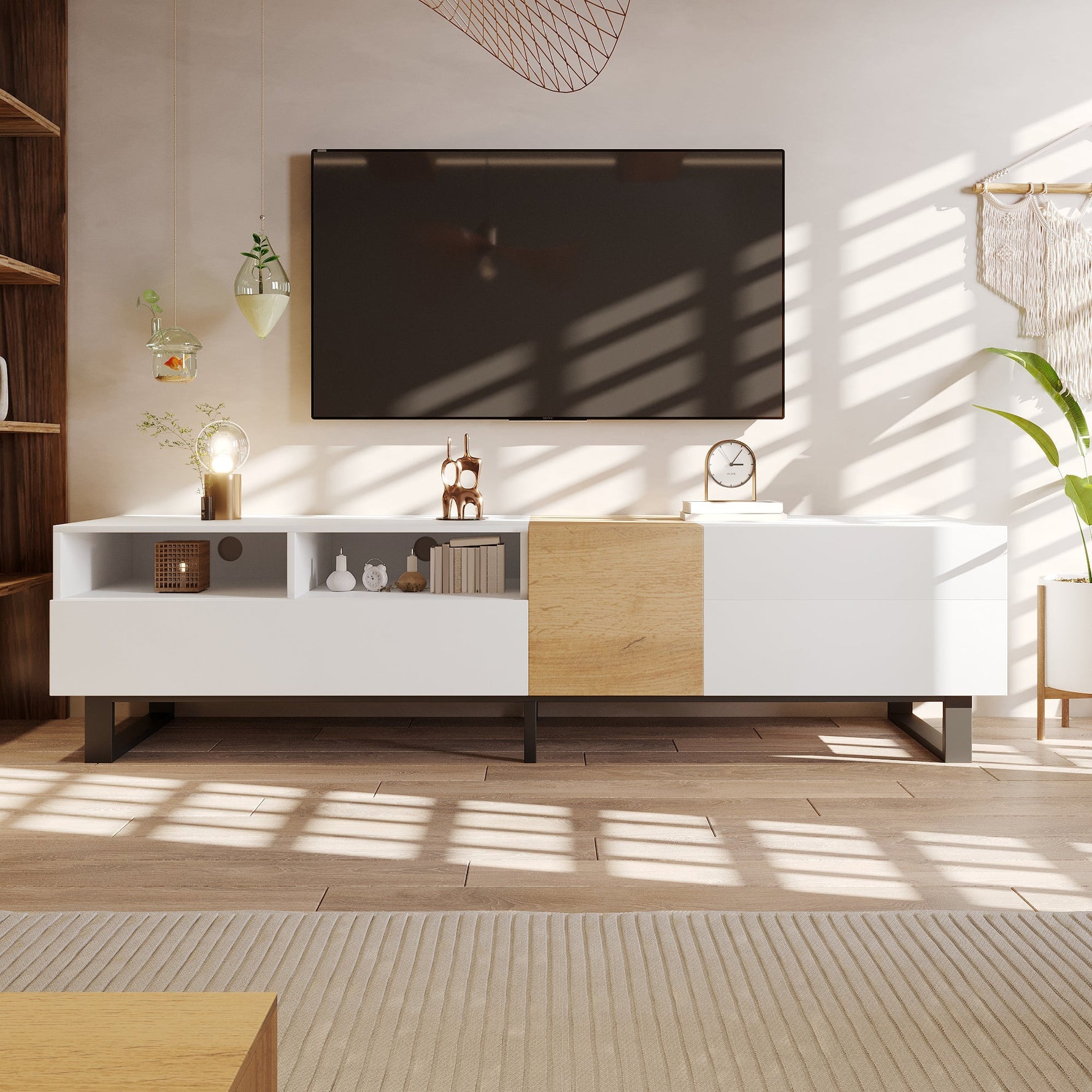 Modern TV Cabinet, Minimalist Design 180x50x38cm, White & Wood Look