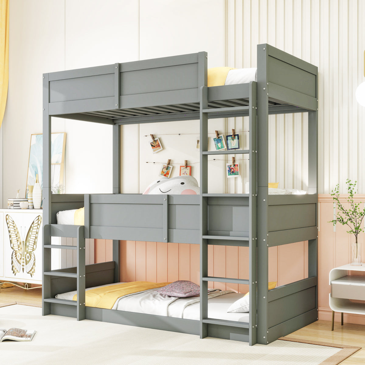 Triple Bunk Bed 90x200 cm with High Fence & Slats, Grey Wood