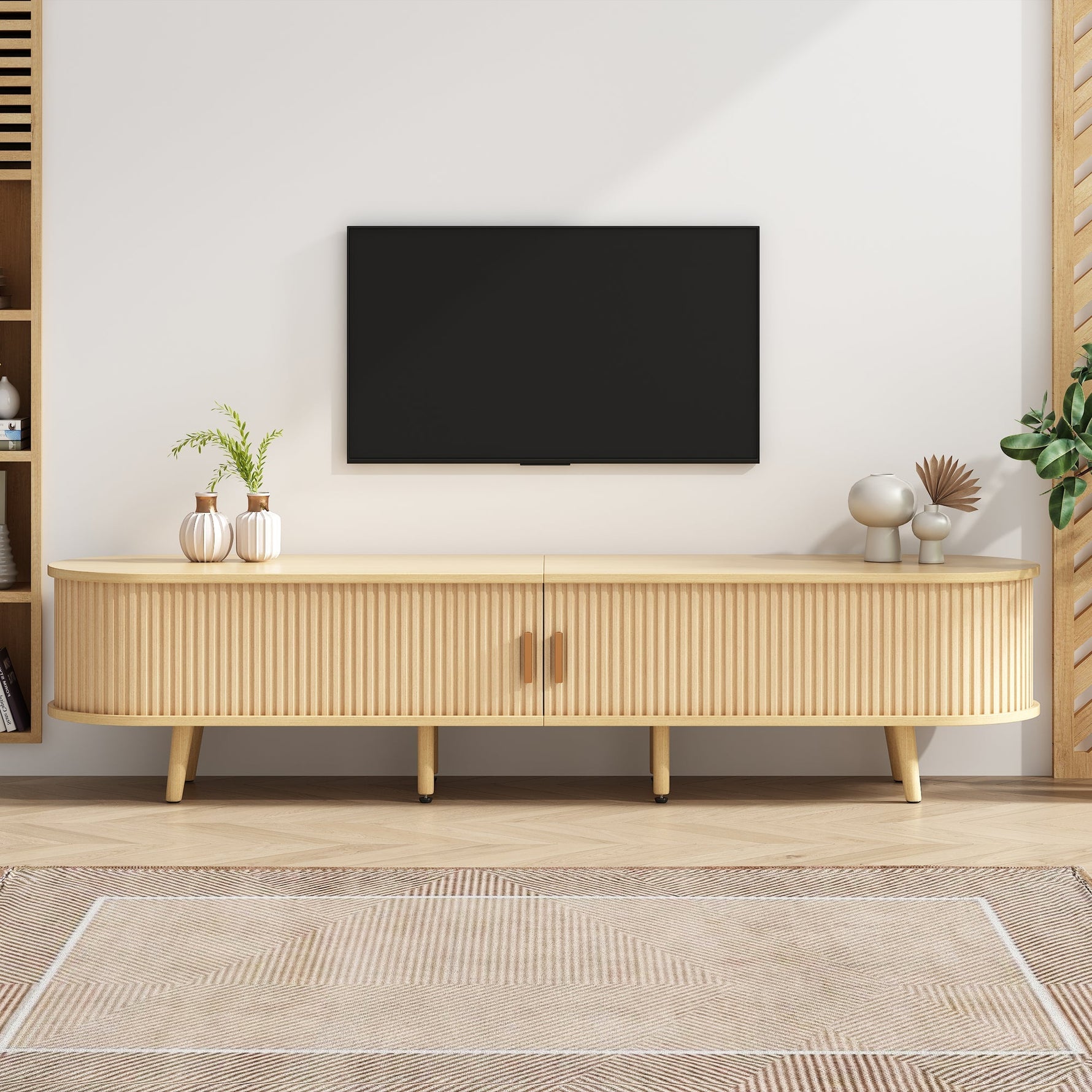 Living Room TV Cabinet with Storage, Round Table Top, 2 Drawers, MDF Wood Grain