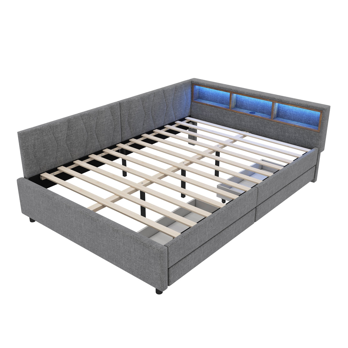 Daybed Sofa Bed 140x200cm Storage LED USB/Type-C 2 Drawers - Linen Grey