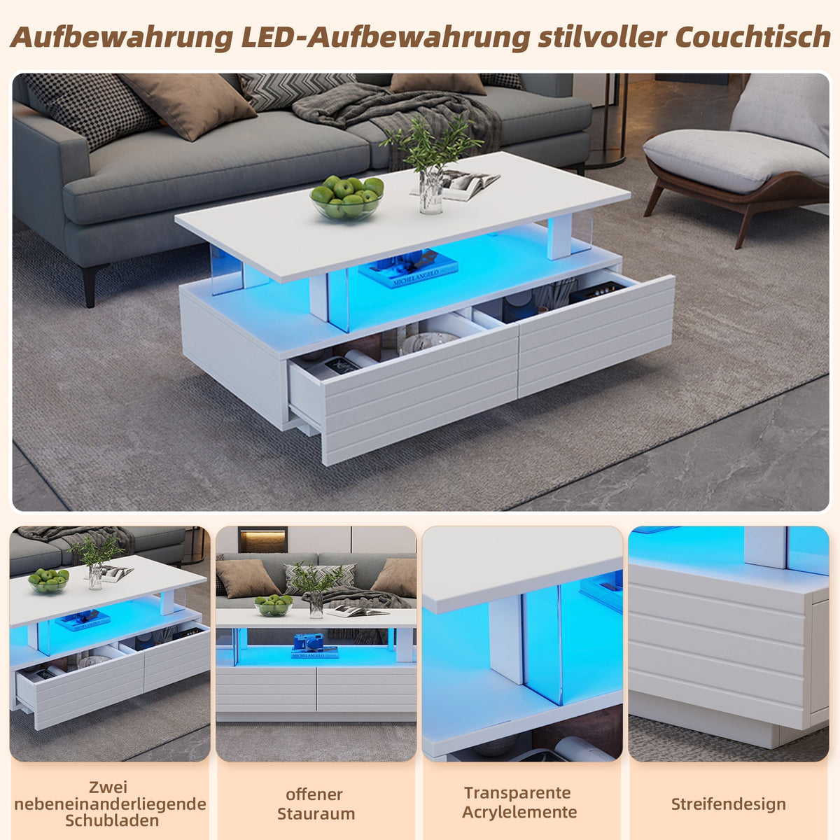 LED Coffee Table, Storage, Double-Layer Rectangular with Bluetooth App, White