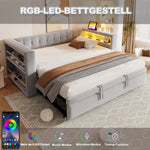 Upholstered Bed, Multifunctional Sofa Bed 90/180×190 cm, LED, Storage, Light Grey