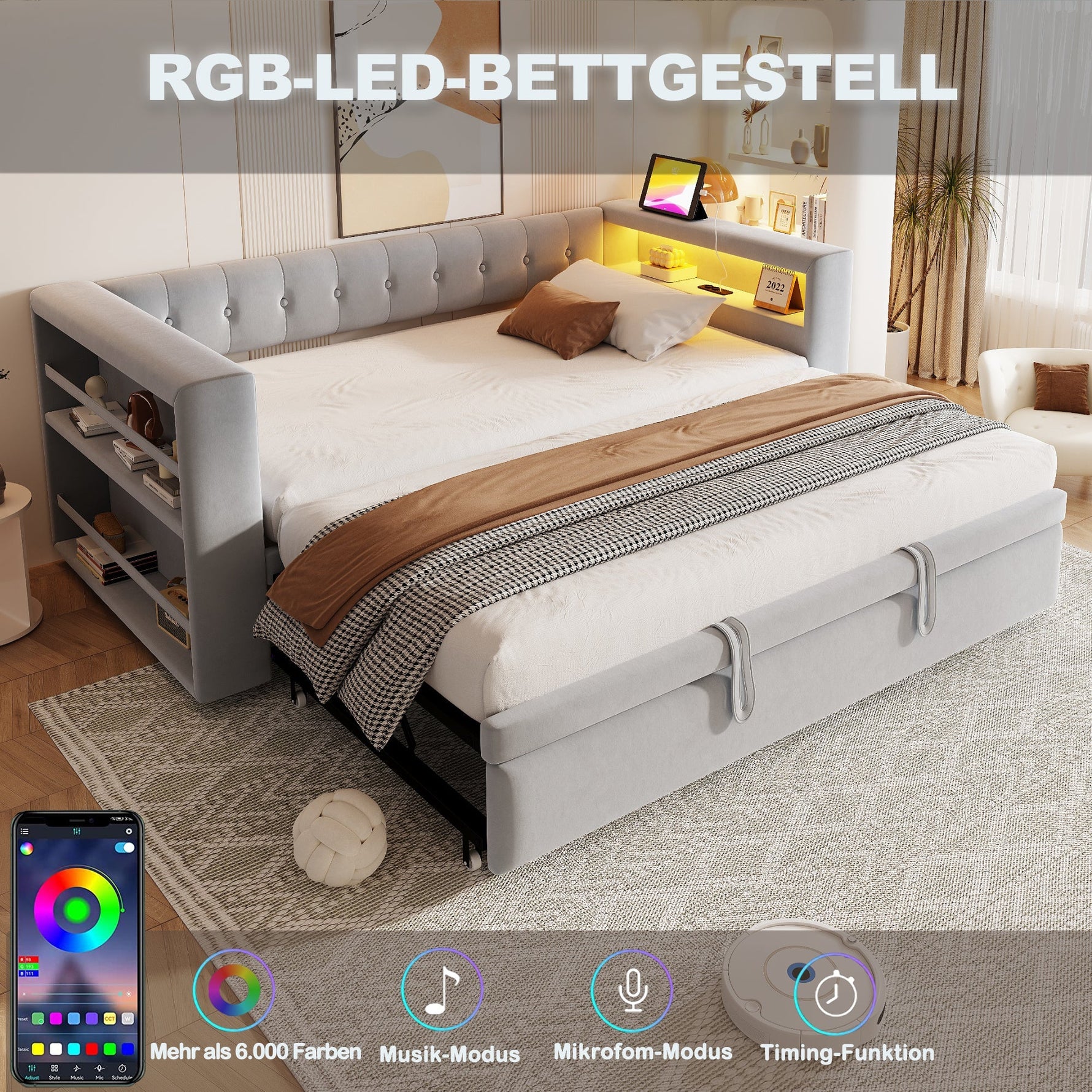 Upholstered Bed, Multifunctional Sofa Bed 90/180×190 cm, LED, Storage, Light Grey