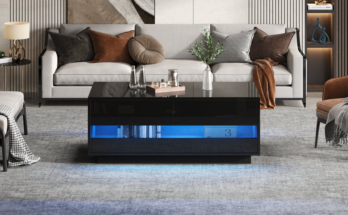 Coffee Table with 2 Drawers, Bluetooth LED Light Bar, Tempered Glass, Black