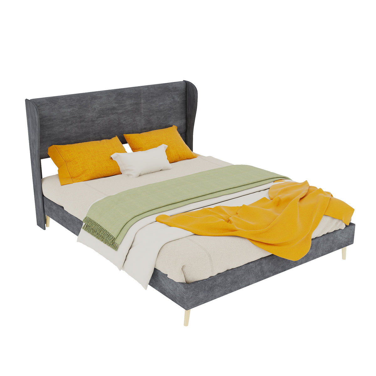 Modern Upholstered Bed with Mattress, 140x200 cm - Grey