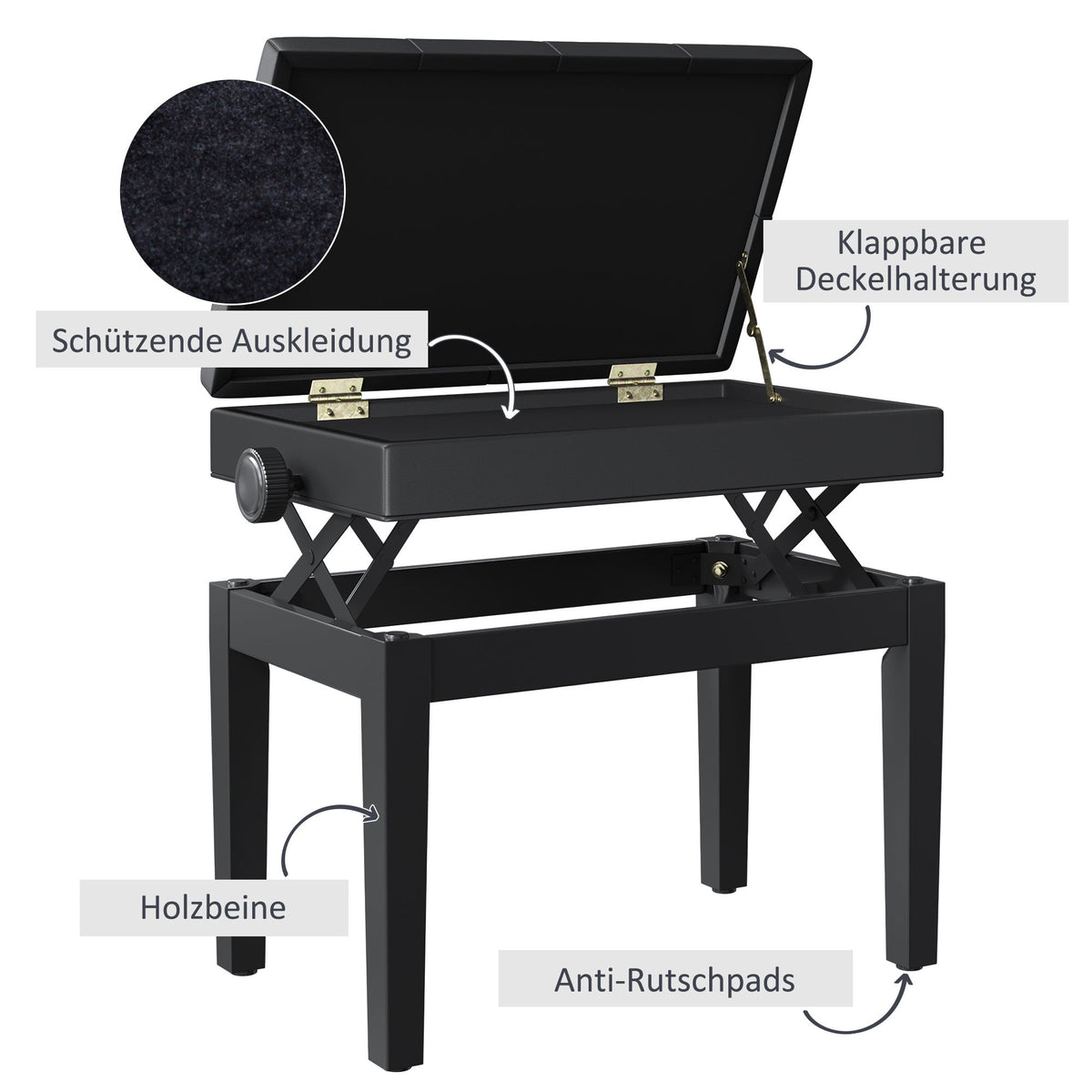 Piano Bench with Storage, Height Adjustment, Wood