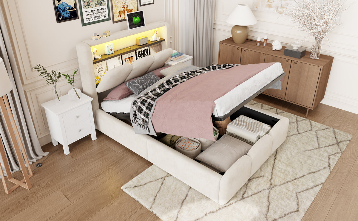 Upholstered Bed 90x200 with Storage & LED, Beige Velvet