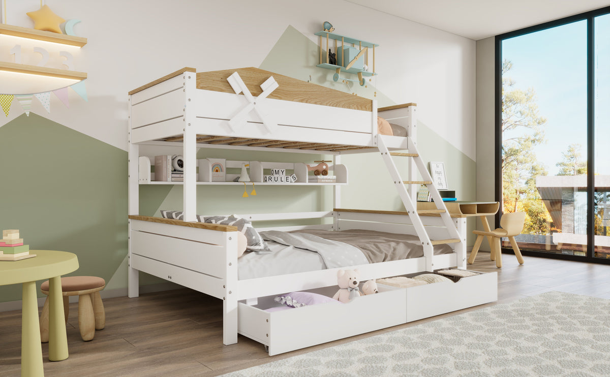 Bunk Bed with Windmill, Shelves & Drawers, Pine + MDF, White + Natural