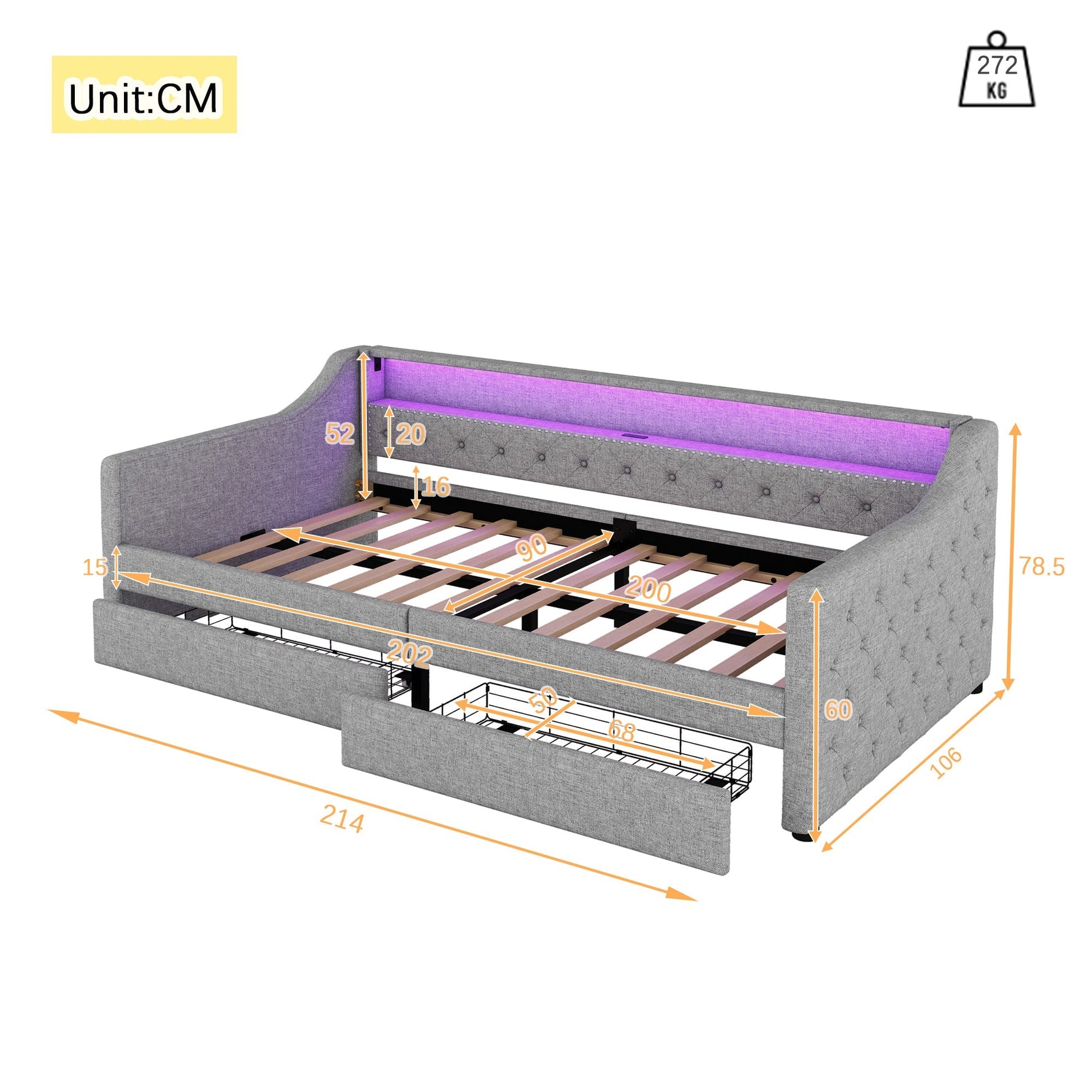 Daybed with LED Lighting, Slatted Base, Drawers and USB Port, Grey Linen