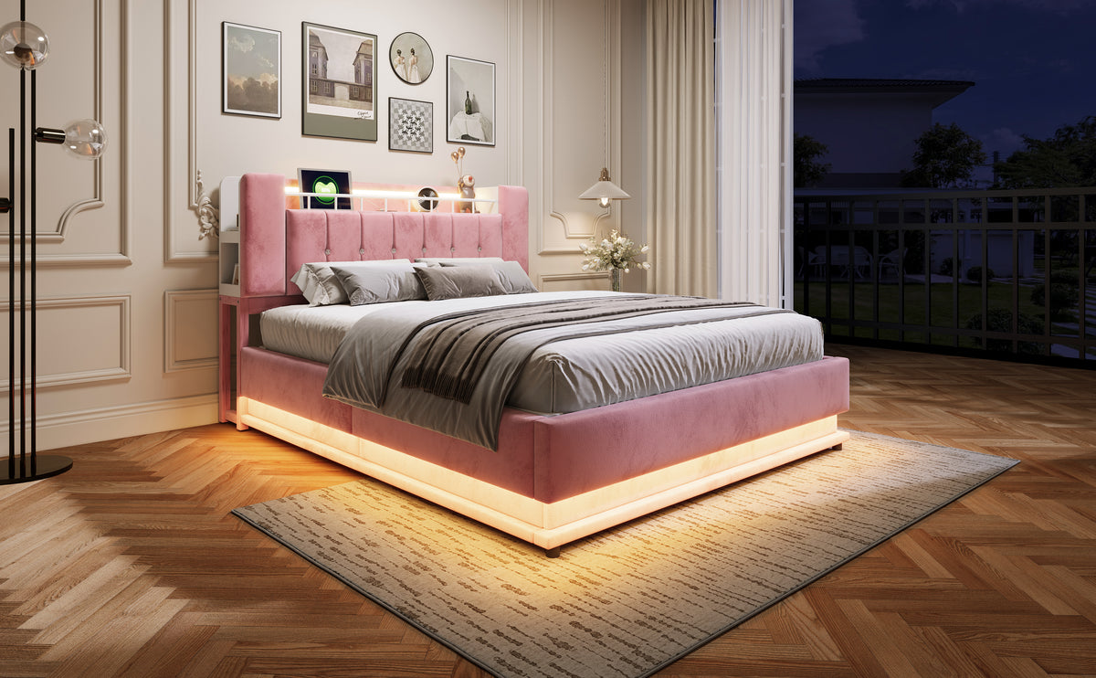 Smart Upholstered Bed 160x200cm with LED & Storage, Pink Velvet