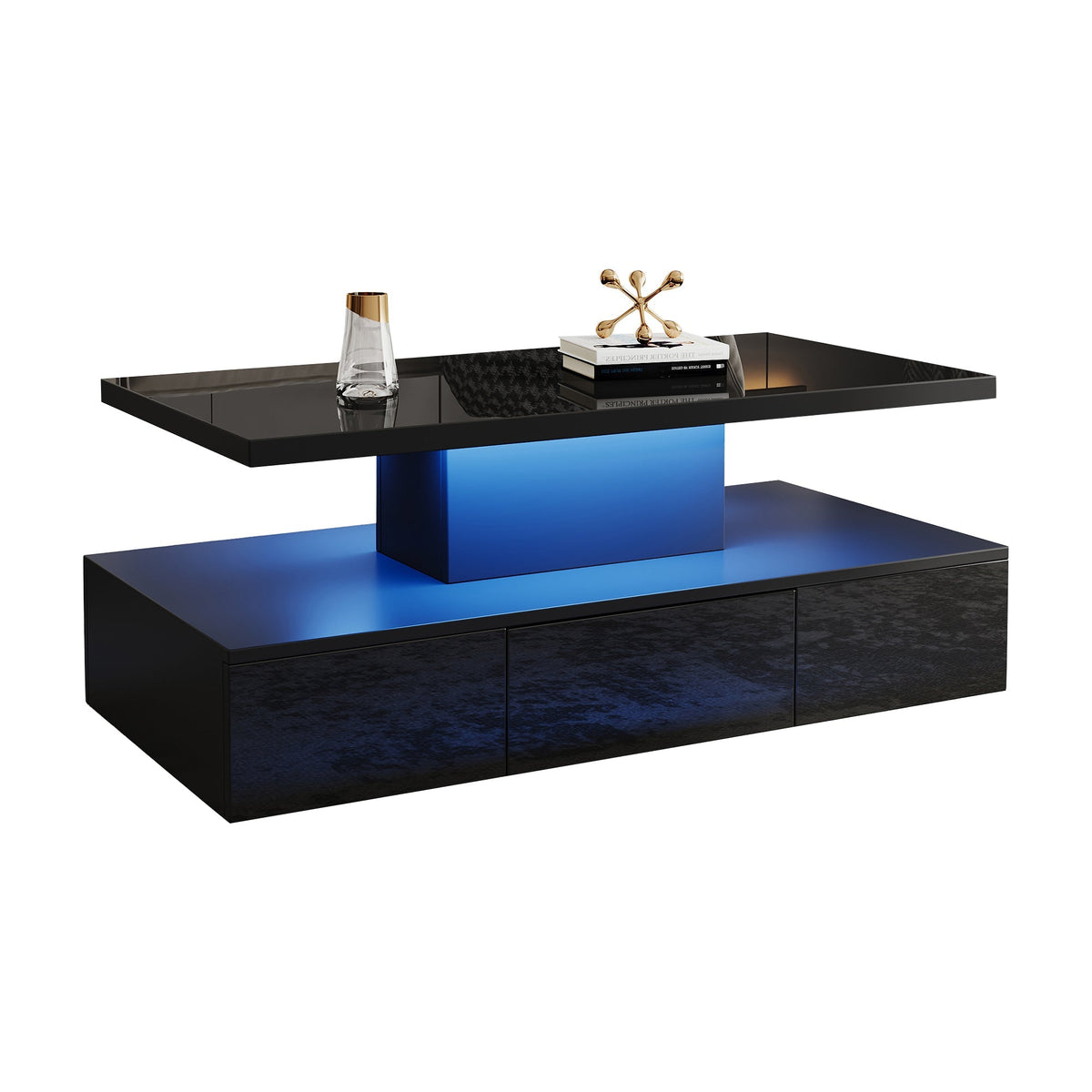 Two-tier Coffee Table 16-Color LED Light High-Gloss Storage Black
