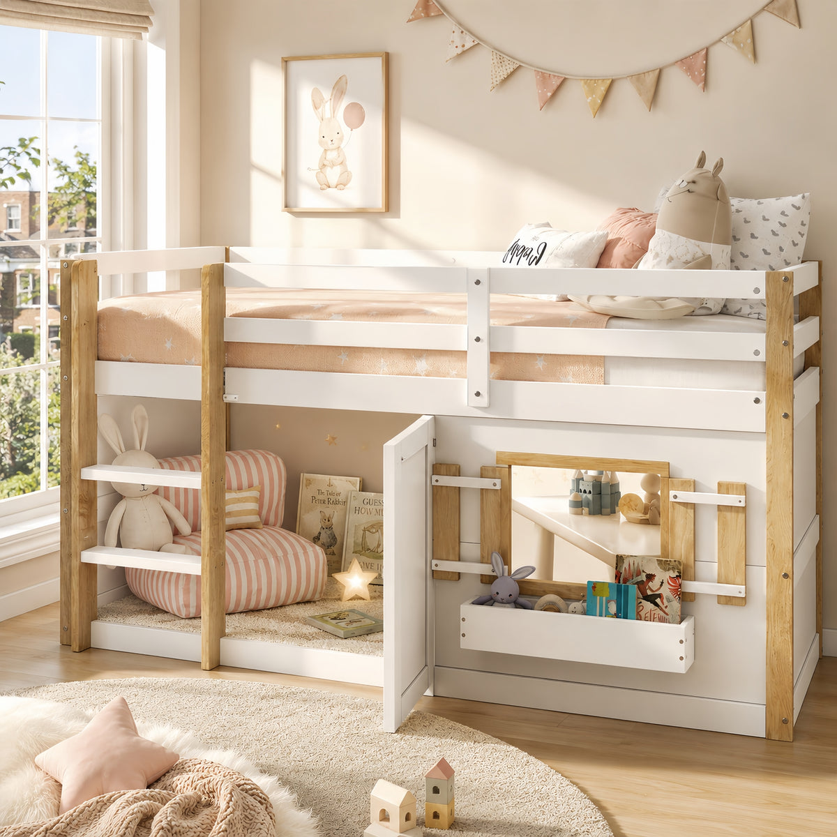 Children's Loft Bed 90x200cm with Ladder & Play Area White