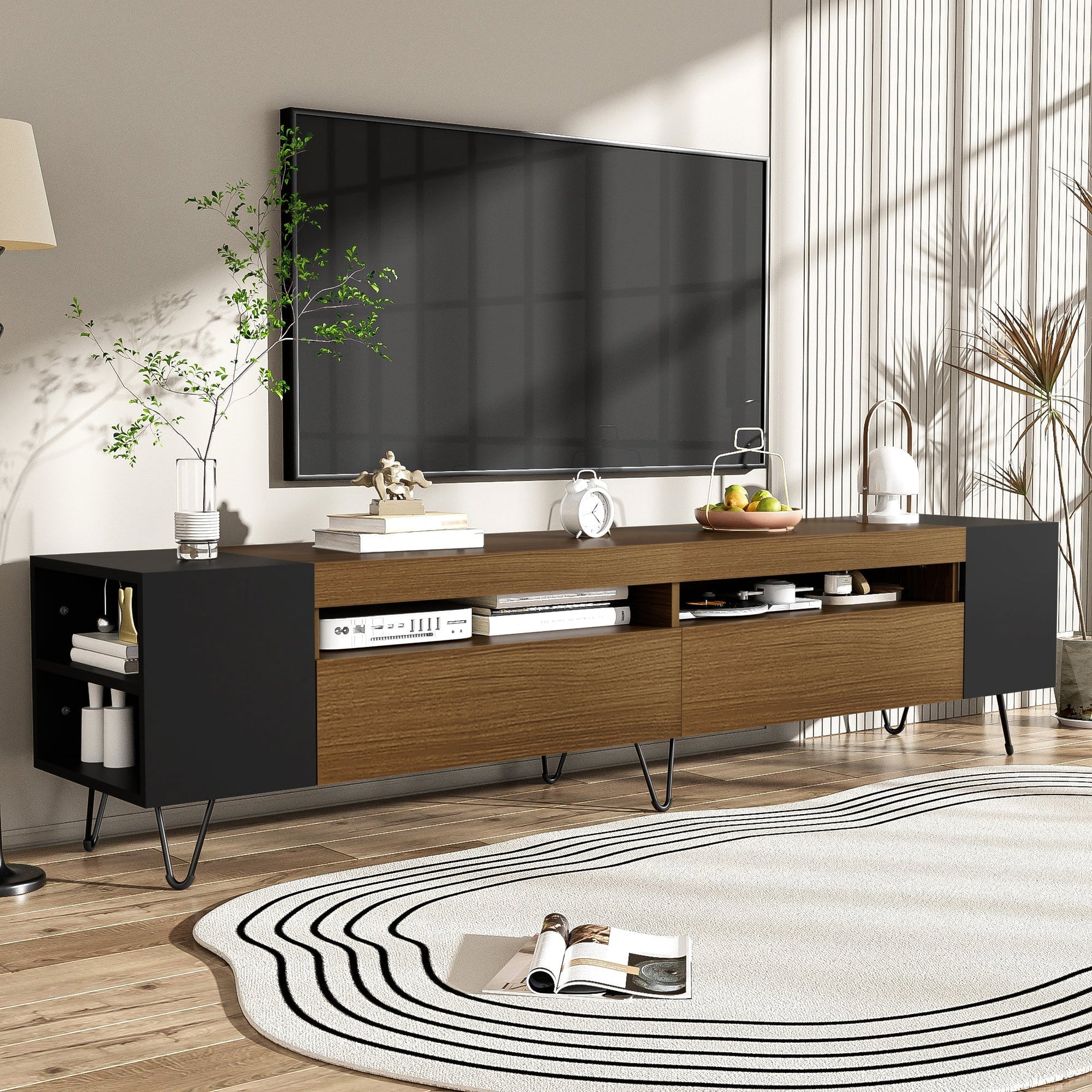 Modern TV Cabinet 180cm, Black and Wood Look
