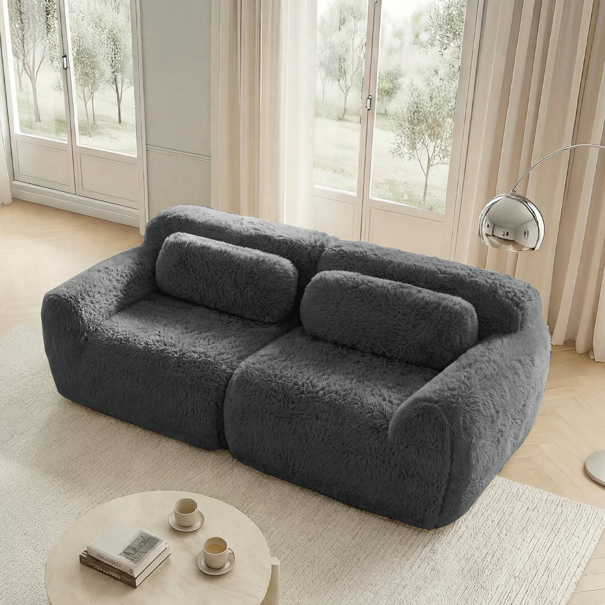 2-seater Sofa Frameless Modular Design Plush Fabric Grey
