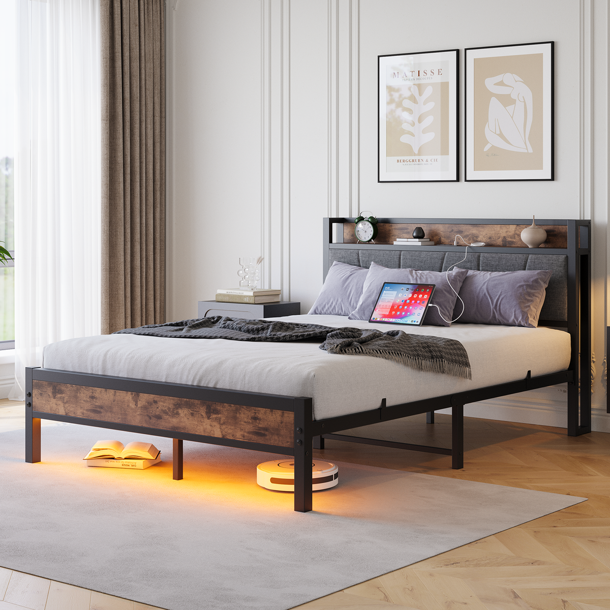 Bed Frame 140x200cm Smart LED USB Metal Slatted Noise-Free, Metal