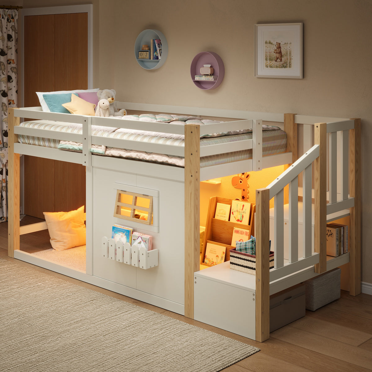 Loft Bed 90x200cm with Window, Storage & LED, Natural White Pine