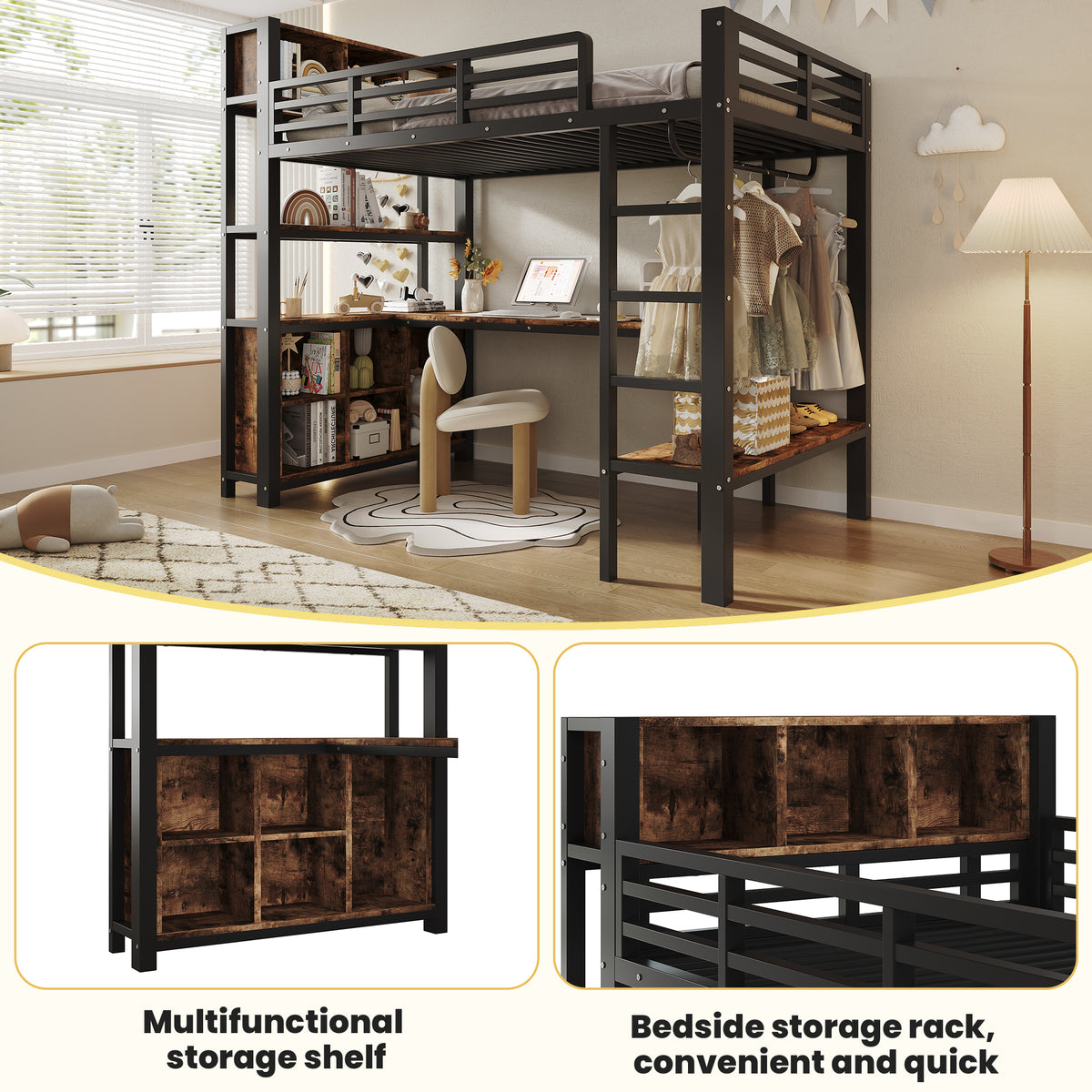 Loft Bed 90x200 cm with Desk, Shelves & Clothes Rack, Black