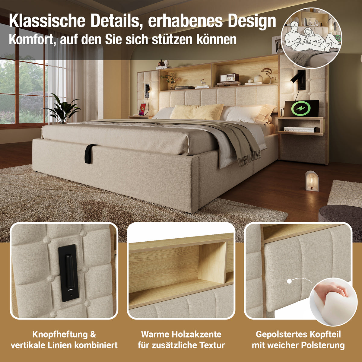 Upholstered Bed 180x200 with Storage, LED & USB, Beige Linen Fabric